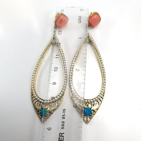Vintage Teardrop Dangle Earrings with Coral and Turquoise Accents Boho Jewelry - Picture 4 of 10